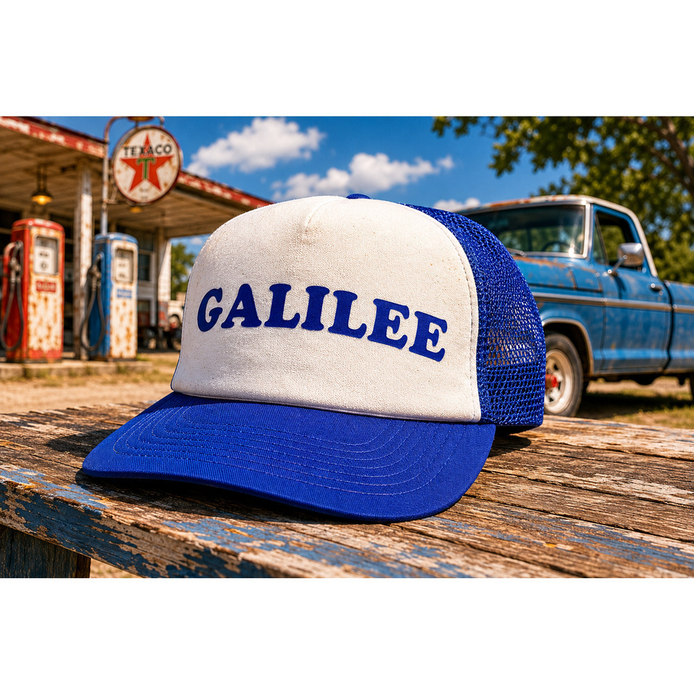 Vintage 1970's GALILEE Blue White Mesh Trucker Hat Snapback Cap USA Style